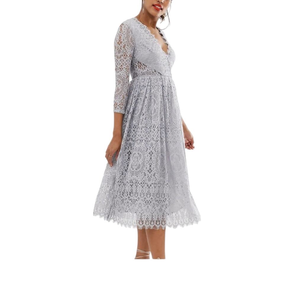 ASOS Dress Lace Chantilly Ash Tea Midi Empire Tulle Prom Formal Size 6 NWT